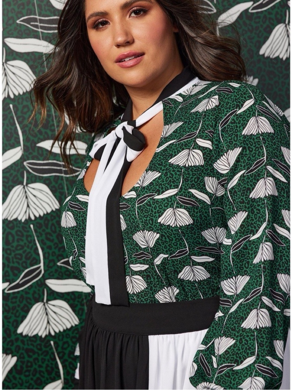 Torrid X Sylvia Mollie Green Floral Print Tie Neck Blouse